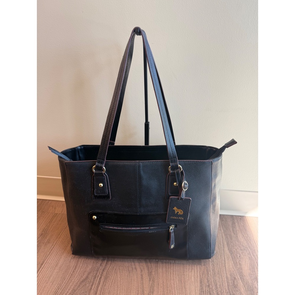 Emma Fox Black Pebbled Leather Tote Bag Gold Hardware Laptop Shoulder Bag